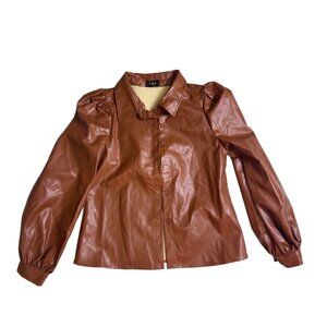 vici womens small faux leather brown long sleeve collared button down shirt Q701